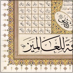 Erkunde Hilya-i Saadet bei Sanaat: Ein kalligrafisches Meisterwerk von Prof. Dr. Fatih Özkafa, das die Eigenschaften des Propheten Muhammad darstellt.